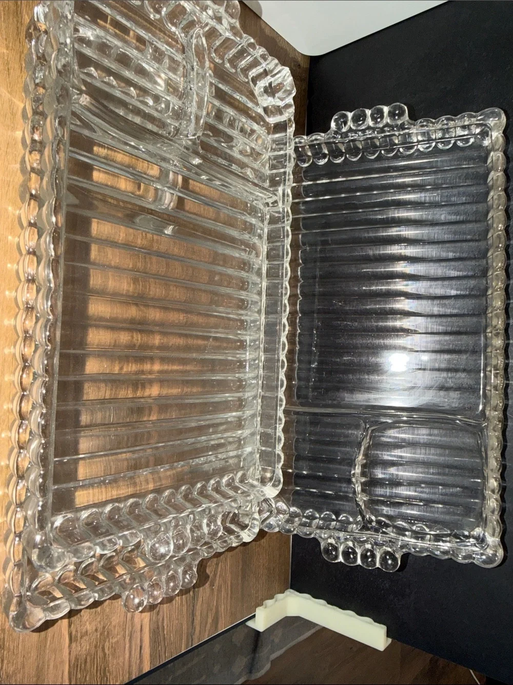 Vintage Clear Glass Vanity Tray with Built-In Cup Holder by.   Set of 3